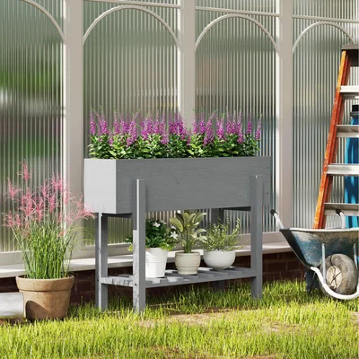 The Range Outsunny Wooden Raised Planter with Bed Liner, Storage Shelf - Grey