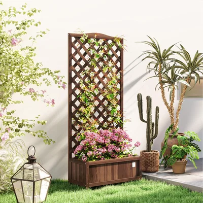 The Range Outsunny Garden Wooden Planter Box with Trellis - Dark Brown
