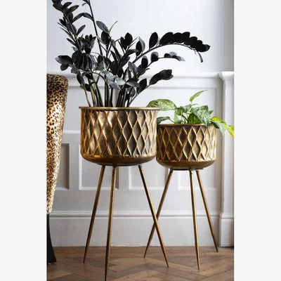 Rockett St George Set Of 2 Antique Brass Planters On Stand