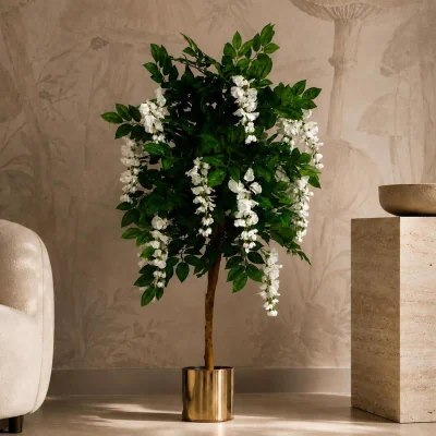 The Range 130cm Artificial Wisteria Tree White Flowers Copper Planter - Green Flowering Tree