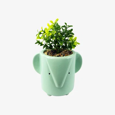 The Range Blue Ceramic Elephant Planter With Artificial Foliage Plant - Green