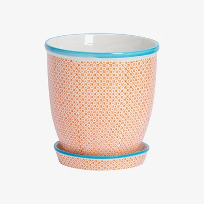 The Range 20.5cm Hand-Printed Plant Pots with Saucers - Orange / Blue