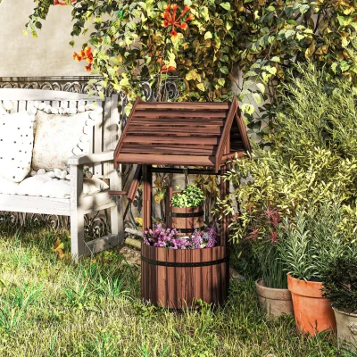 The Range Outsunny Wooden Wishing Well Planter, Flower Planter with Drainage Hole - Brown