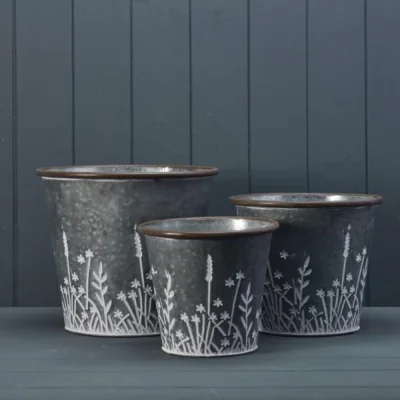 The Range Grey Set of Three Rustic metal planters with Meadow design - Grey