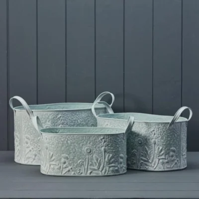 The Range Dark Green Sage Oval Zinc Planters with Floral Design Set of 3 - Pale Green