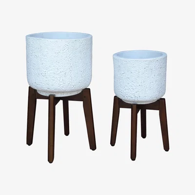 The Range Suntime Indoor White Fibre Pots with Acacia Legs - White and Acacia