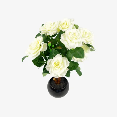 The Range Artificial Rose Plant Medium Ivory Light Cream in Ceramic Planter - Green