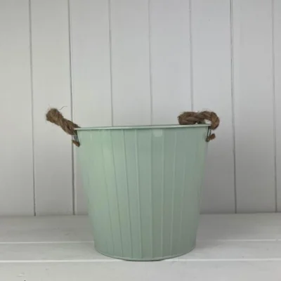The Range Sage Green Round Tapered Zinc Planter with Rope Ears and Drainage Hole - Pale Green