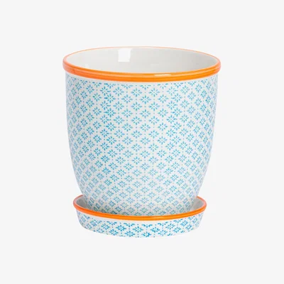 The Range 20.5cm Hand-Printed Plant Pots with Saucers - Blue / Orange