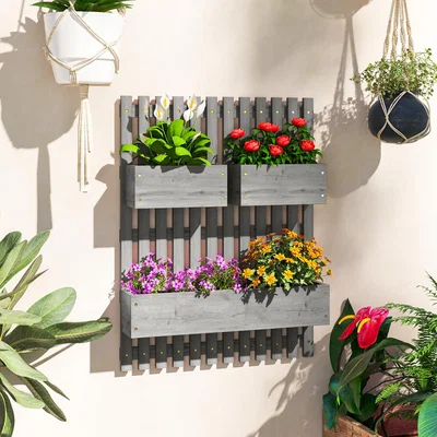 The Range Outsunny Wall-mounted Garden Planters with Trellis 3 Planter Boxes - Grey