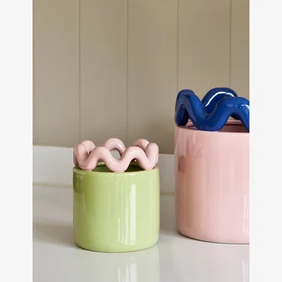Rose & Grey Small Green & Blush Pink Wavy Plant Pot