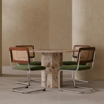 Cult Furniture Naxos & Kenton 4 Chair Dining Set, Latte Marble & Olive Green Sustainable Velvet