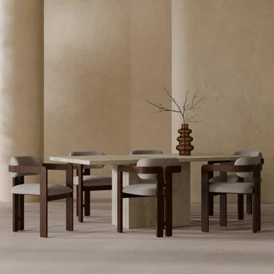 Cult Furniture Toulouse & Hallie 6 Chair Dining Set, Travertine & Speckled Stone Sustainable Boucle