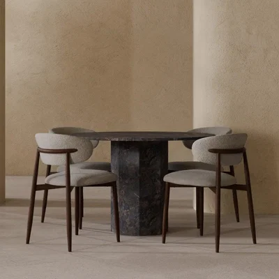 Cult Furniture Naxos & Halston 4 Chair Dining Set, Onyx Black Marble & Speckled Stone Sustainable Boucle