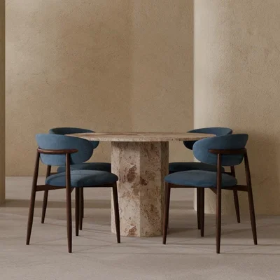 Cult Furniture Naxos & Halston 4 Chair Dining Set, Latte Marble & Dust Blue Sustainable Velvet