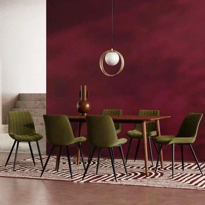 Cult Furniture £200 Off Milton & Taylor 6 Chairs Dining Set, Walnut & Olive Green Sustainable Velvet