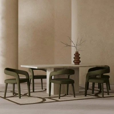 Cult Furniture Toulouse & Ophelia 6 Chair Dining Set, Travertine & Moss Green Sustainable Mohair Velvet
