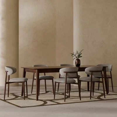 Cult Furniture Montreux & Halston 6 Chair Dining Set, Walnut & Speckled Stone Sustainable Boucle