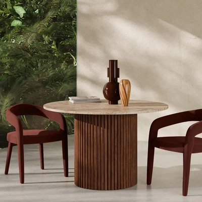 Cult Furniture Medby & Ophelia 4 Chairs Dining Set, Travertine & Rust Sustainable Velvet