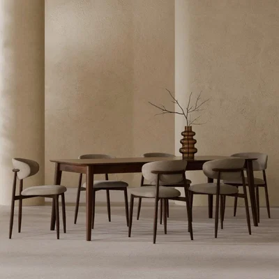 Cult Furniture Montreux & Halston 6 Chair Dining Set, Walnut & Latte Sustainable Fabric