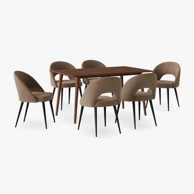 Cult Furniture £250 Off Milton & Lucille 6 Chairs Dining Set, Walnut & Taupe Sustainable Velvet