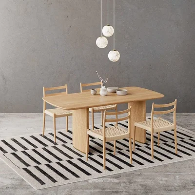 Cult Furniture Caleb 4 Chairs Dining Set, Natural Weave & Oak