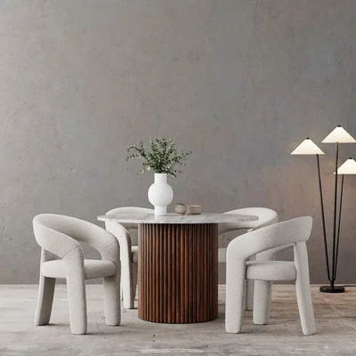 Cult Furniture Medby & Bellamy 4 Chairs Dining Set, Grey Marble & Speckled Stone Sustainable Boucle