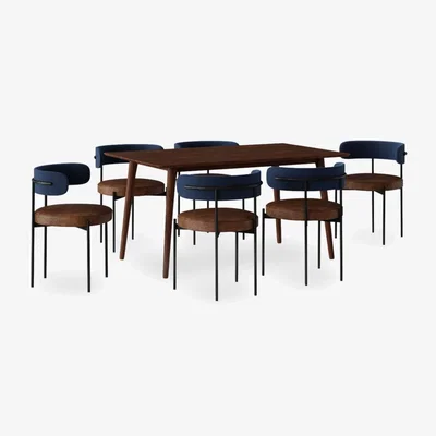 Cult Furniture £200 Off Milton & Cassie 6 Chairs Dining Set, Walnut & Vintage Tan + Royal Blue Sustainable Velvet