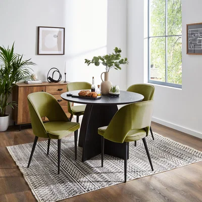 Dunelm Effy Round Dining Table With 4 Lillia Olive Velvet Chairs Olive