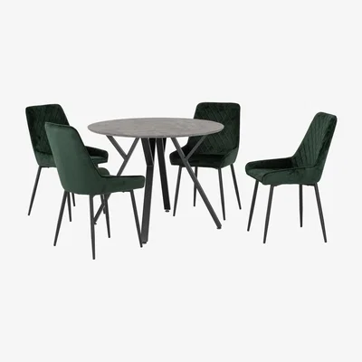Dunelm Athens Round Concrete Effect Dining Table with 4 Avery Green Dining Chairs Green