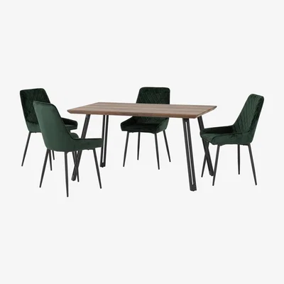 Dunelm Quebec Rectangular Oak Effect Dining Table with 4 Avery Green Dining Chairs Green
