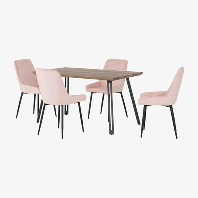 Dunelm Quebec Rectangular Oak Effect Dining Table with 4 Avery Pink Dining Chairs Pink