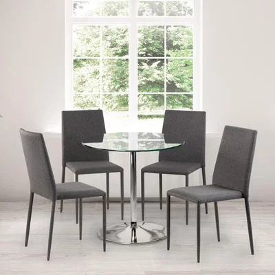 Dunelm Kudos Round Glass Pedestal Dining Table with 4 Jazz Grey Chairs Chrome