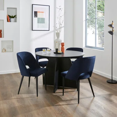 Dunelm Effy Round Dining Table With 4 Lillia Navy Velvet Chairs Navy