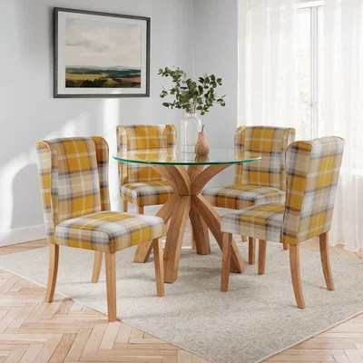 Dunelm Xavi Round Dining Table with 4 Oswald Old Gold Country Check Dining Chairs Gold