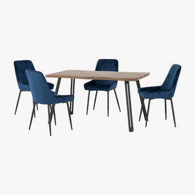 Dunelm Quebec Wave Oak Effect Dining Table with 4 Avery Blue Dining Chairs Navy Blue