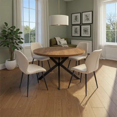 Dunelm Panama Round Dining Table with 4 Davis Faux Leather Dining Chairs