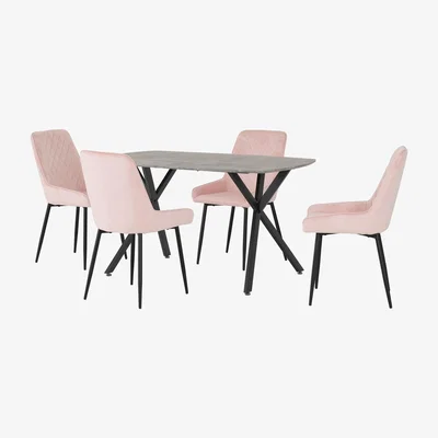Dunelm Athens Rectangular Concrete Effect Dining Table with 4 Avery Pink Dining Chairs Pink