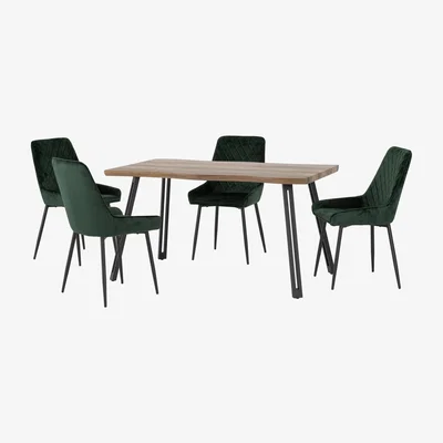 Dunelm Quebec Wave Rectangular Dining Table with 4 Avery Chairs Emerald Green