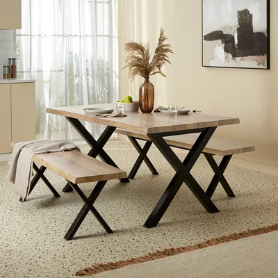 Dunelm Ezra 6 Seater Rectangular Dining Table with 2 Benches Light Wood