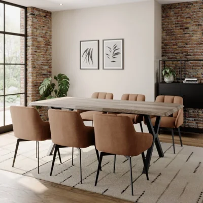 Dunelm Ezra II 4-6 Seater Extending Rustic Wood Dining Table with 4 Jase Brown Faux Leather Dining Chairs