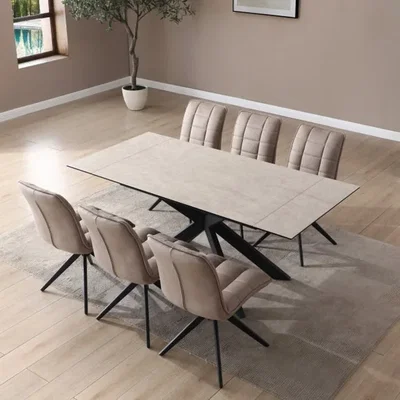 Dunelm Indus Valley Athena Ceramic Extending Dining Table With 6 Aura Chairs