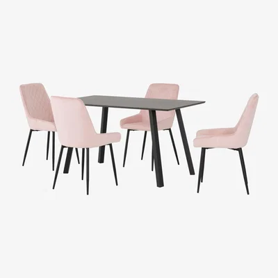 Dunelm Berlin Rectangular Black Wood Dining Table with 4 Avery Pink Dining Chairs Pink