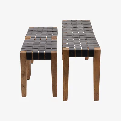 Dunelm Pacific Claudio Leather Bench and Stools Set, Mango Wood Brown