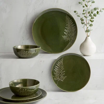 Dunelm Embossed Fern 12 Piece Dinner Set Fern (Green)