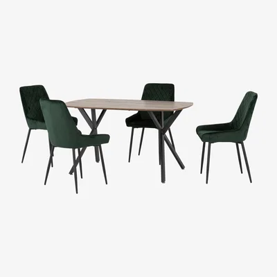 Dunelm Athens Rectangular Oak Effect Dining Table with 4 Avery Green Dining Chairs Green