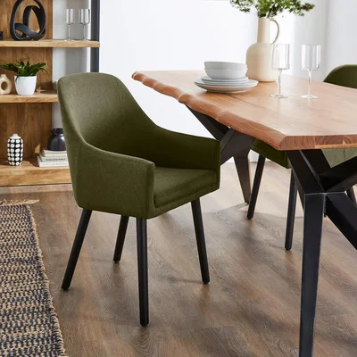 Dunelm Oadby Rectangular Dining Table with Eddie Luna Olive Fabric Dining & Carver Chairs