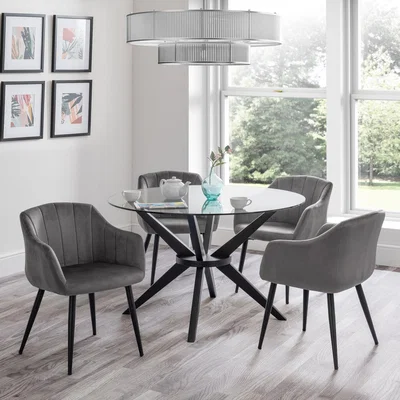 Dunelm Hayden Round Glass Top Dining Table with 4 Hobart Chairs Clear/Black/Grey