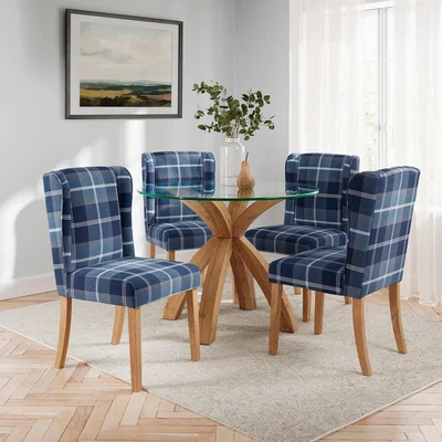 Dunelm Xavi Round Dining Table with 4 Oswald Navy Country Check Dining Chairs Navy