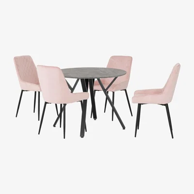 Dunelm Athens Round Concrete Effect Dining Table with 4 Avery Pink Dining Chairs Pink